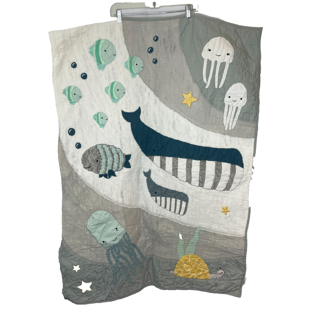 Crate & Barrel Kids Under the Sea Cotton Embroidered Quilt 40" x 50"